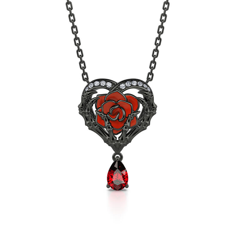 Jeulia "Never Ending Love" Skeleton Hands & Rose Sterling Silver Necklace