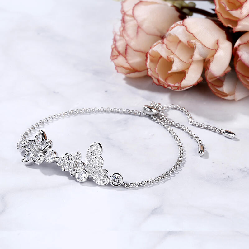 Jeulia Flower and Butterfly Sterling Silver Bolo Bracelet