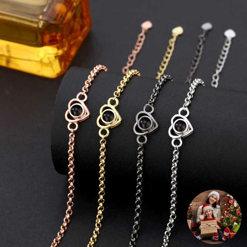 Bracciale con proiezione foto personalizzata, trio di perle dorate e c