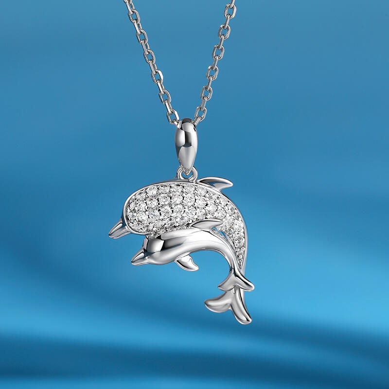 Jeulia "Oceanic Harmony" Two Dolphins Sterling Silver Necklace