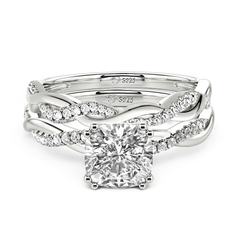 Jeulia Twist Cushion Cut Sterling Silver Ring Set
