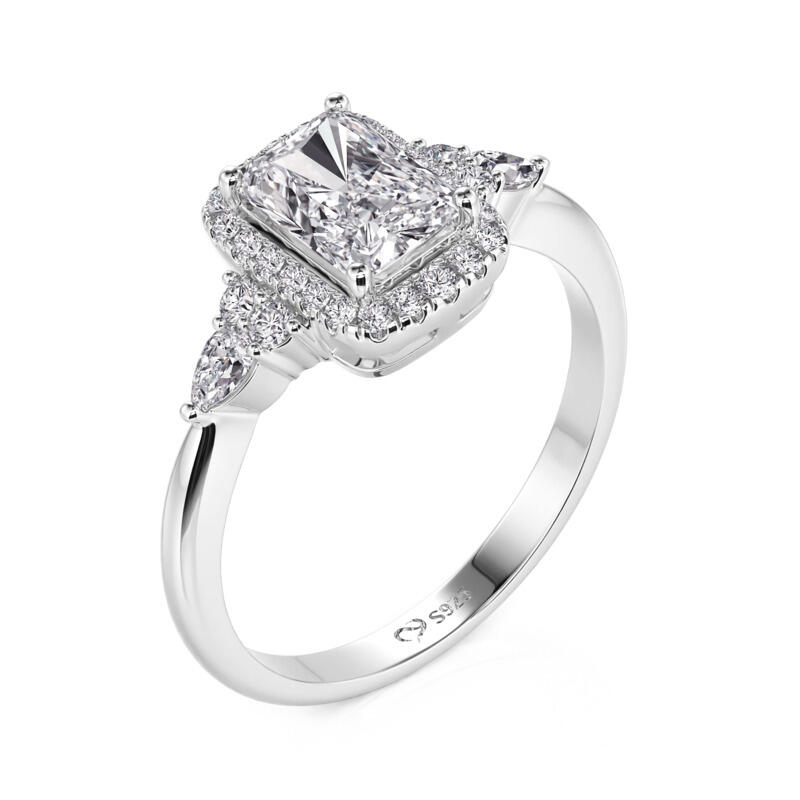 Jeullia Three Stone Radiant Cut Halo Engagement Ring