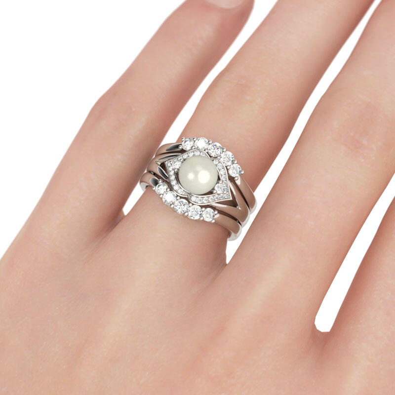 Jeulia Terno De Anillos Con Halo De Perla Artificial En Plata De Ley