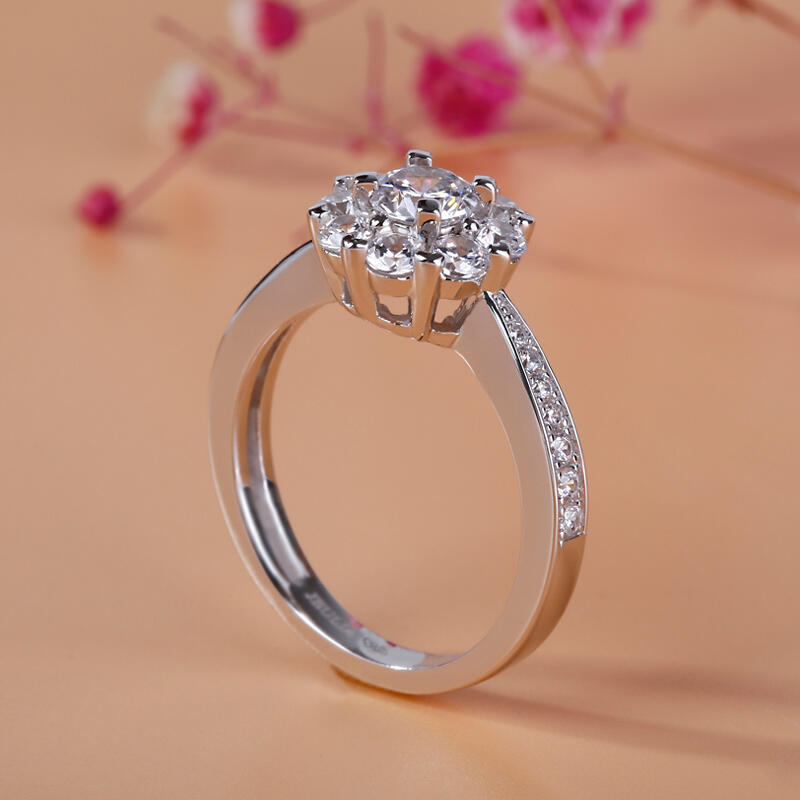 Jeulia Floral Halo Cluster Round Cut Sterling Silver Ring