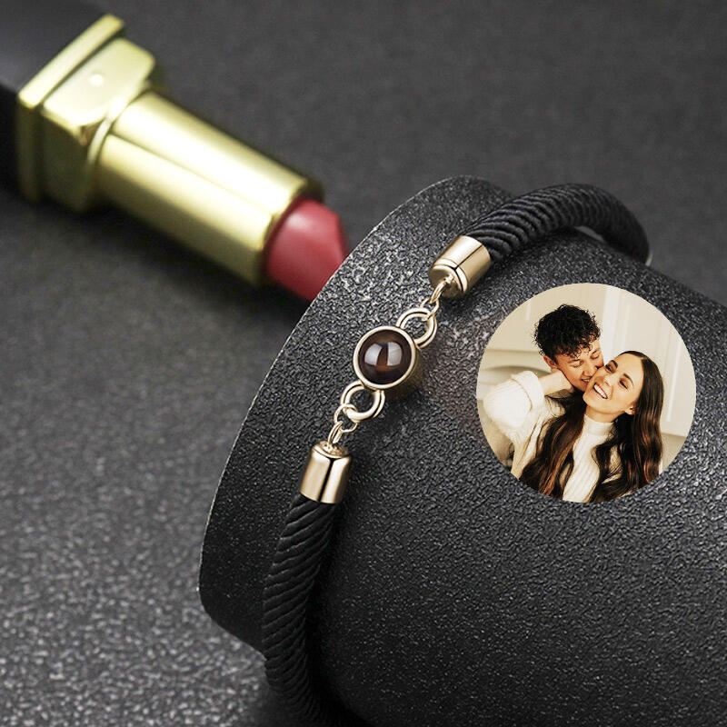 Bracciale con Proiezione di Foto Dentro Corda Nera e Perlina Argento Sterling