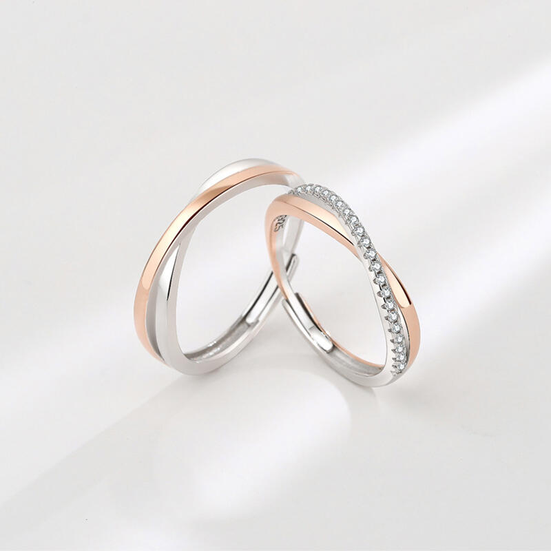 Jeulia Two Tone Crossover Sterling Silver Adjustable Couple Rings