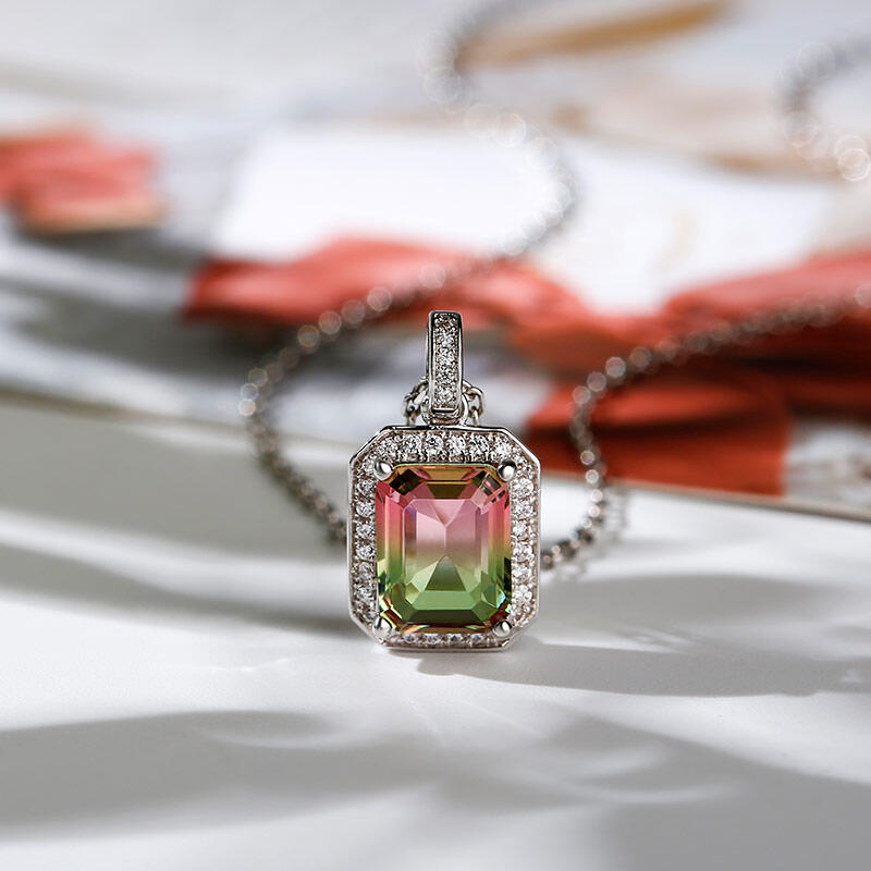 Jeulia "One of a Kind" Emerald Cut Sterling Silver Watermelon Necklace