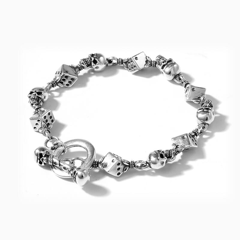 Jeulia Pulsera con juego de dados y calavera de plata de ley