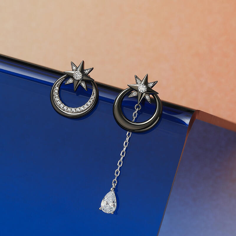 Jeulia Pendientes Asimétricos de Plata de Ley Estrella de Ocho Puntas para Mujer