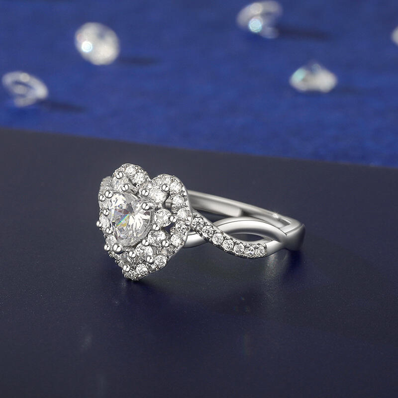 Jeulia Anillo de Compromiso Personalizado Halo con Diseño de Torsión y Corazón en Plata Esterlina