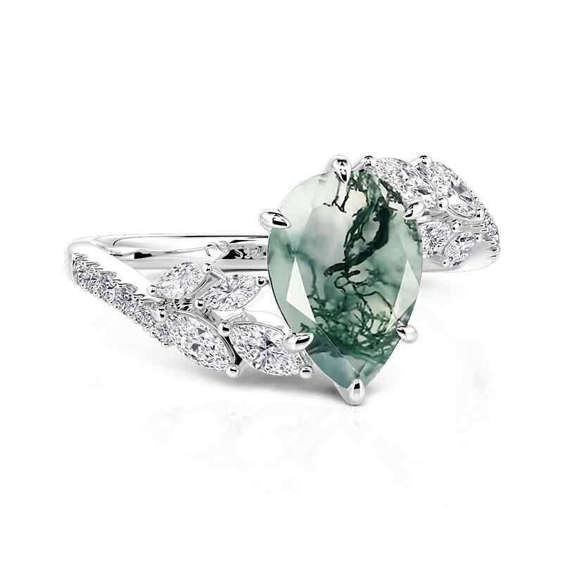 Jeulia Olivetta Bypass Moss Agate Engagement Ring Pear Cut