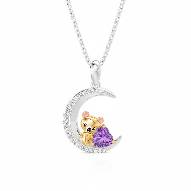 Jeulia Hug Me Custom Teddy Bear Moon Necklace With Birthstone