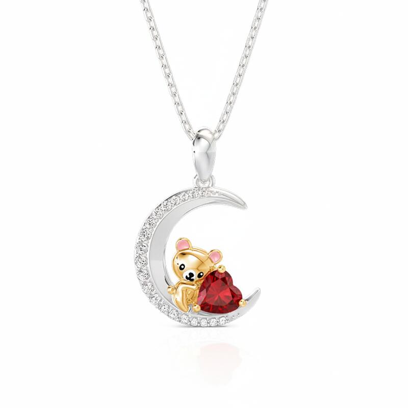 Jeulia Hug Me Custom Teddy Bear Moon Necklace With Birthstone