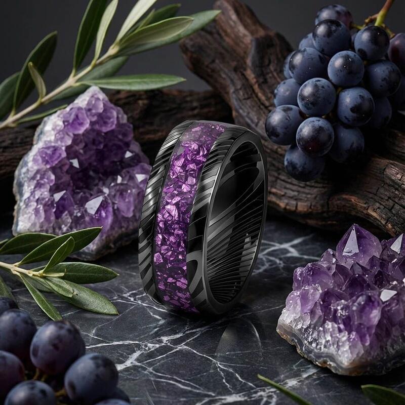Men's Purple Stone Black Hammered Stainless Steel Ring