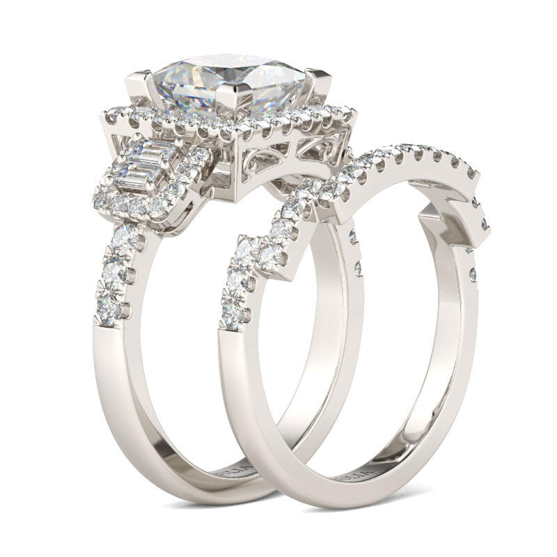 Jeulia Halo Princess Cut Sterling Silver Ring Set