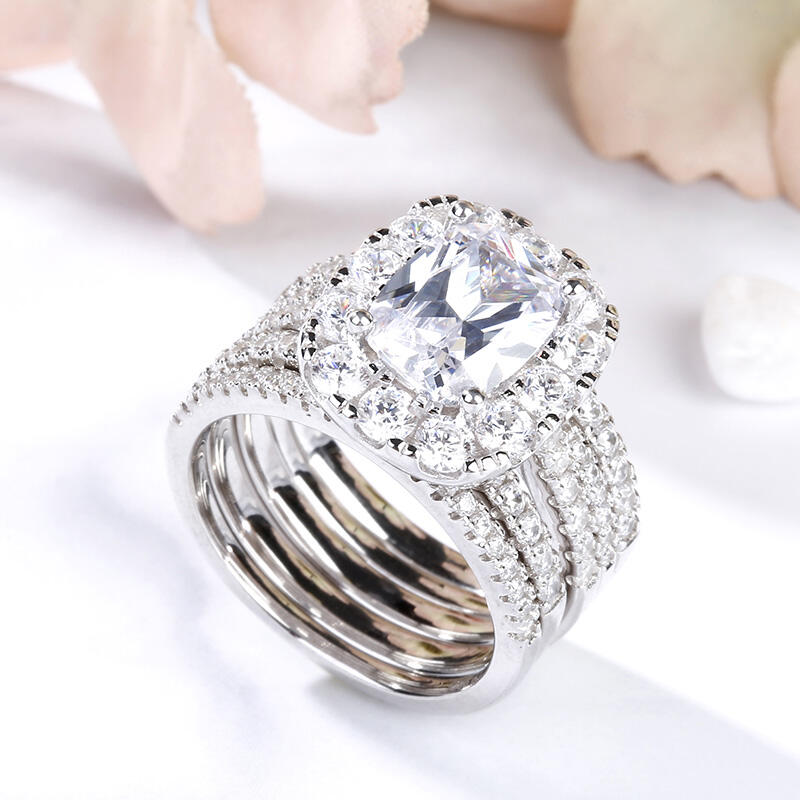 Jeulia 5PC Halo Cushion Cut Sterling Silver Ring Set