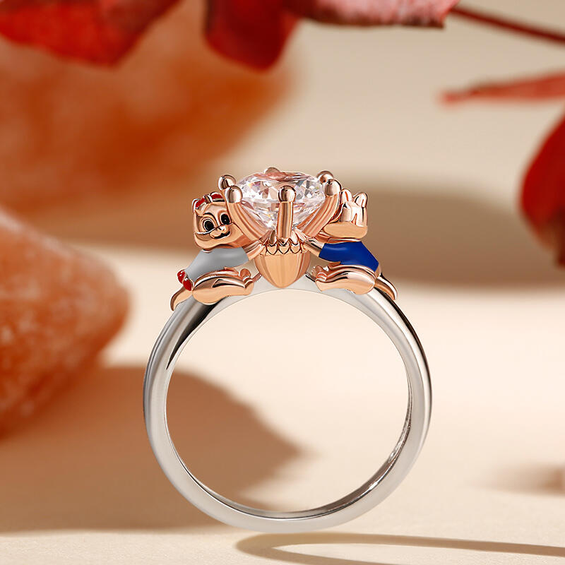 Jeulia Hug Me "Happiness Is a Warm Hug" Chipmunk Couple Sterling Silver Ring