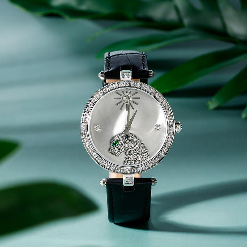 Jeulia "Wild and Free" Leopard Quartz Black Leather Watch with Silver-Tone Dial