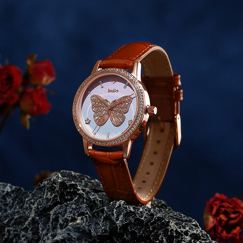 Jeulia "Dreamy Rainbow" Butterfly Design Quartz Brown Leather Watch with Ombre Dial