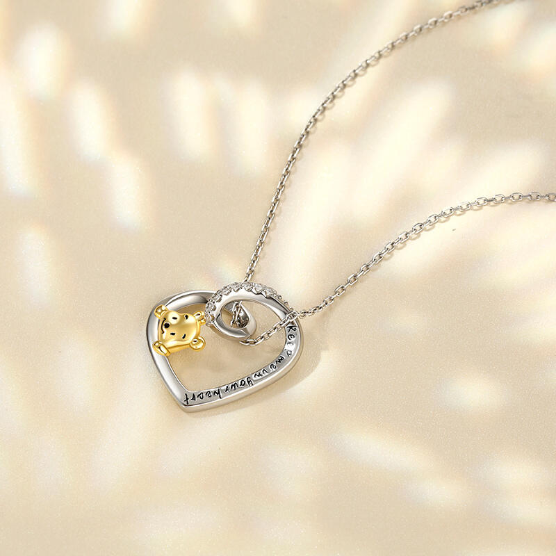 Jeulia Heart Design Cartoon Bear Sterling Silver Engraved Necklace