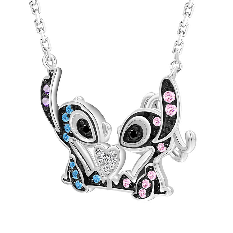 Jeulia "Heart to Heart" Couple of Little Monster Necklace Sterling Silver