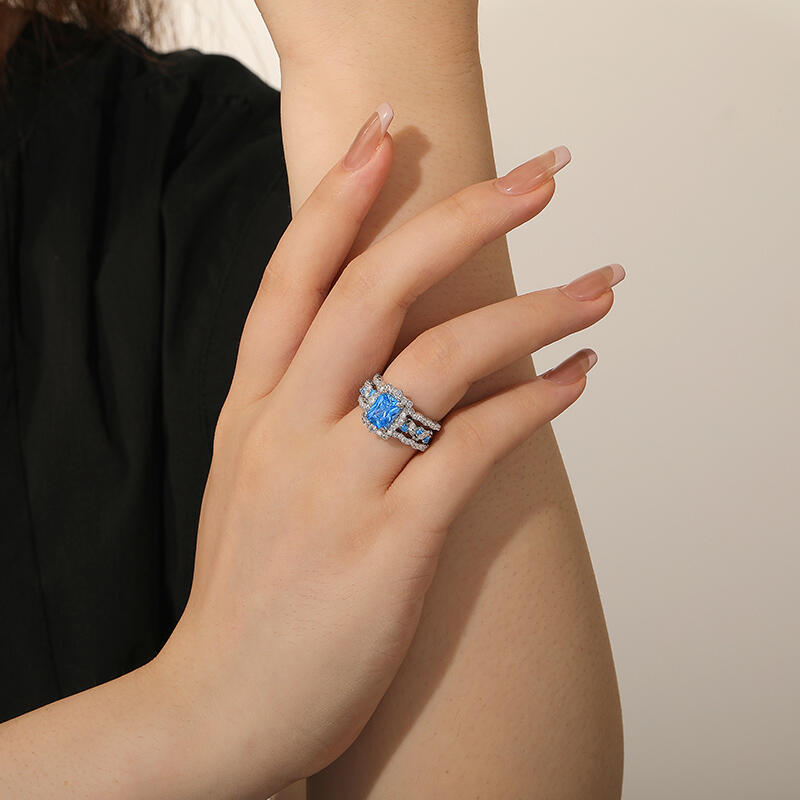 Jeulia Set Anelli Nuziali Personalizzati Taglio Radiante con Alone e Enhancer a Ondulato