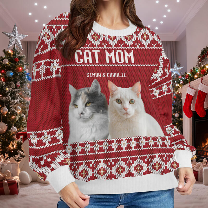 Pull moche personnalisé unisexe avec photos d'animaux domestiques motif rouge festif cadeau de Noël idéal pour les amoureux des animaux