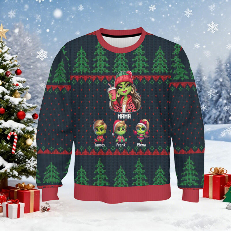 Personalisierter hässliche Weihnachtspullover Unisex Individuelles Mama Grinchund Kinder-Design Attraktives Weihnachtsgeschenk für die Mutter