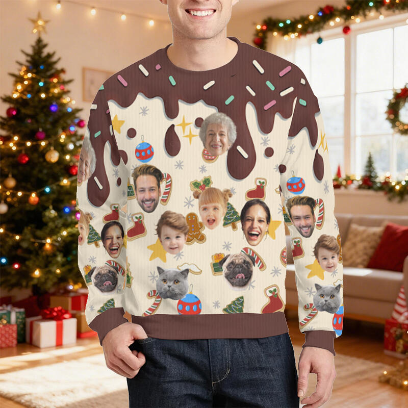 Suéter feo personalizado unisex con foto de cara personalizada, estilo postre, diseño divertido, regalo de Navidad para la familia