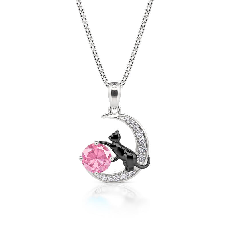 Jeulia Collar Personalizado con Gato Negro en la Luna con Piedra Natal de Plata Esterlina