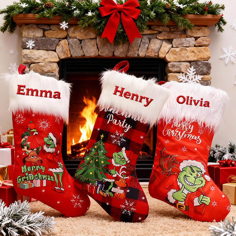 Personalized Green Monster-Patterned Christmas Stockings with Embroidered Names Gifts for Family