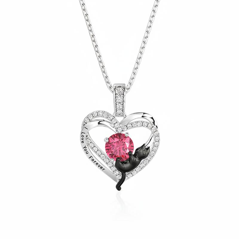 Jeulia Custom Black Cat Double Heart Necklace With Birthstone