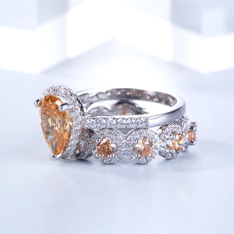 Jeulia Halo Pear Cut Sterling Silver Bridal Set