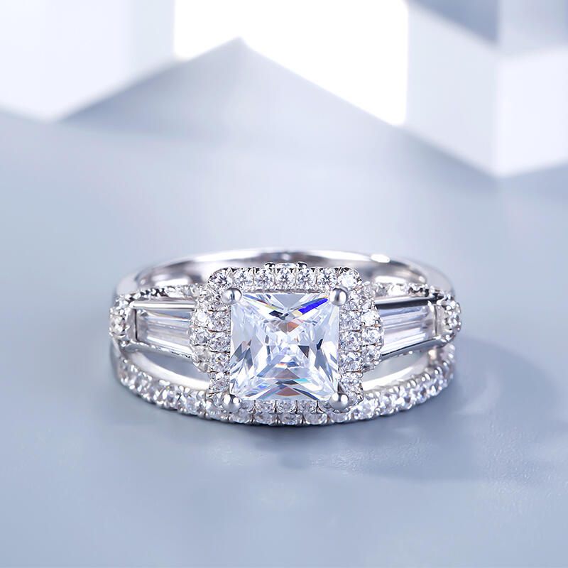 Jeulia Three Stone Halo Princess Cut Sterling Silver Ring Set