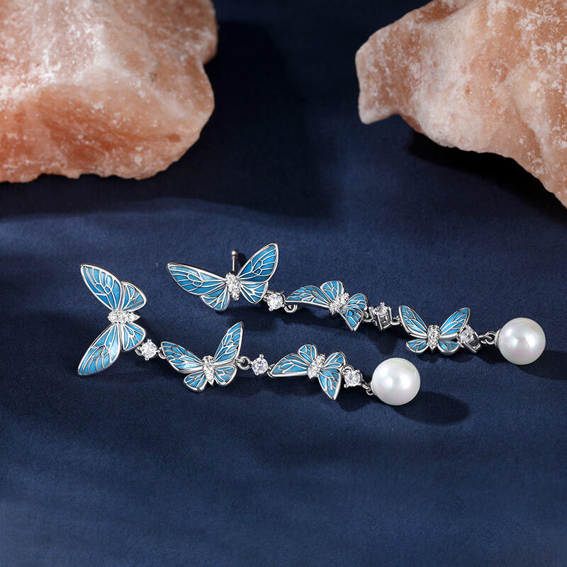 Jeulia "Charming Dance" Butterfly Pearl Sterling Silver Drop Earrings