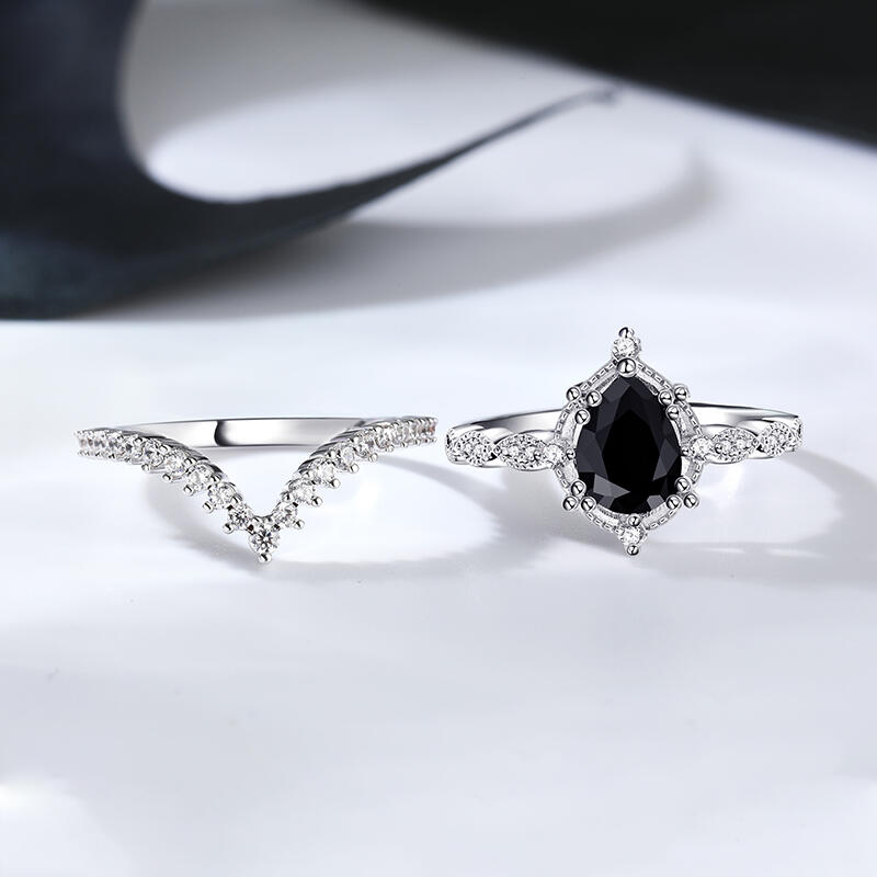 Jeulia Conjunto de Anillos de Plata de Ley con Corte de Pera de Estilo Art Deco