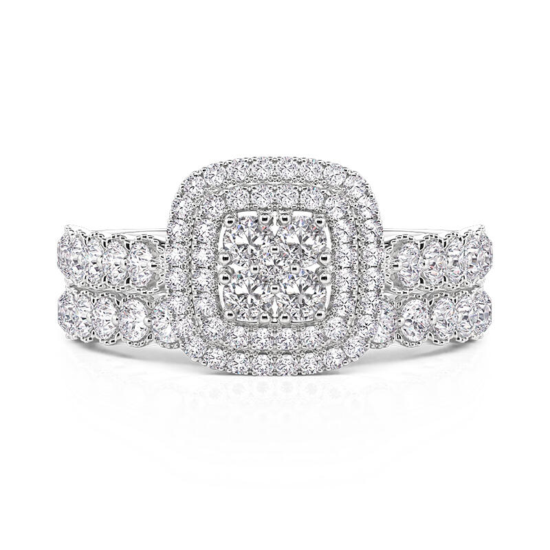 Jeulia Double Halo Cluster Ring Set with Eternity Band Sterling Silver