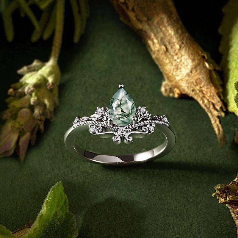 Olivetta Pear Cut Moss Agate Ring Set