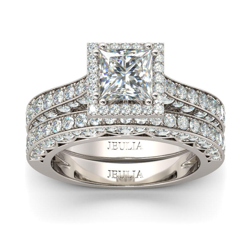 Jeulia Halo Princess Cut Sterling Silver Ring Set