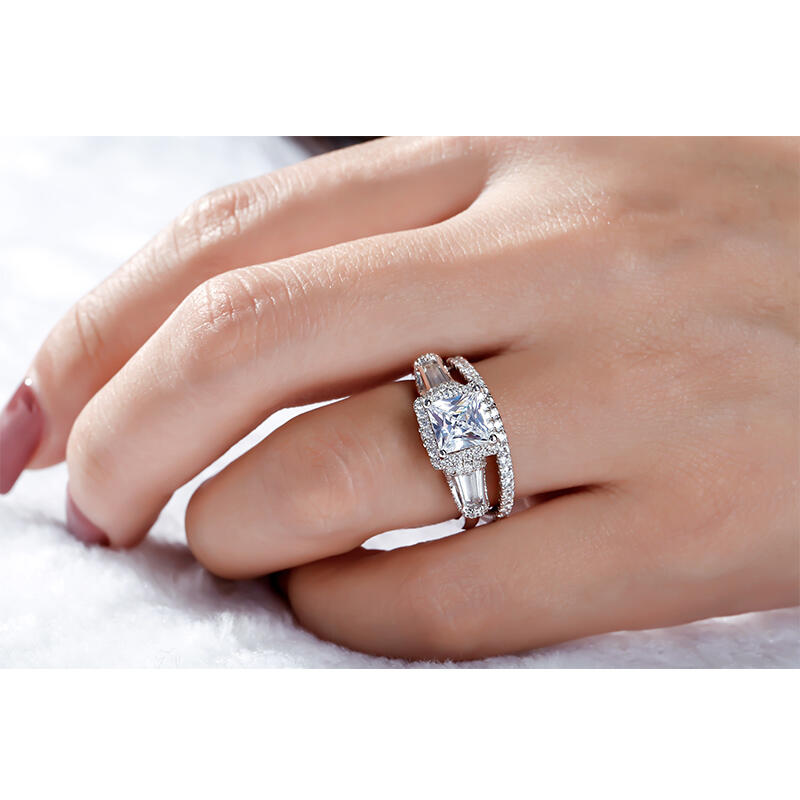 Jeulia Three Stone Halo Princess Cut Sterling Silver Ring Set