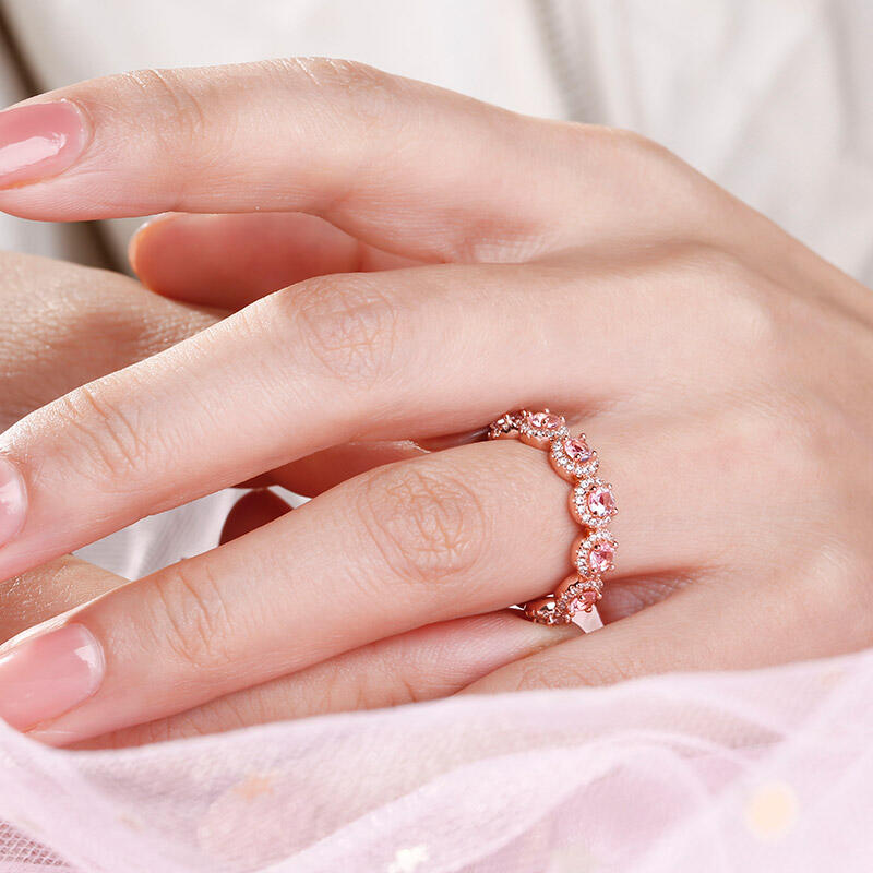 Jeulia Halo Round Cut Synthetic Morganite Sterling Silver Women's Band