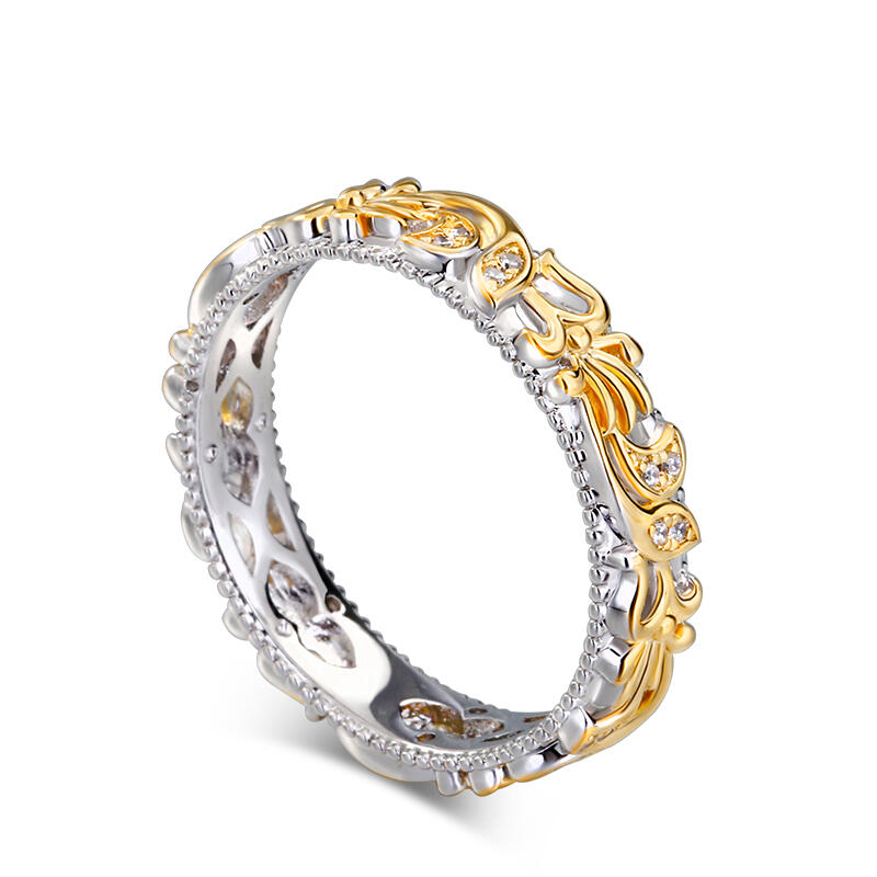 Jeulia Anillo de mujer de plata color oro amarillo tallado con hoja y flor