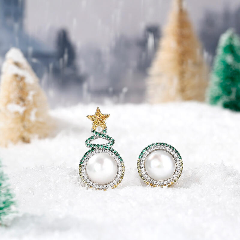 Jeulia "Christmas Tree" Cultured Pearl Sterling Silver Asymmetrical Earrings