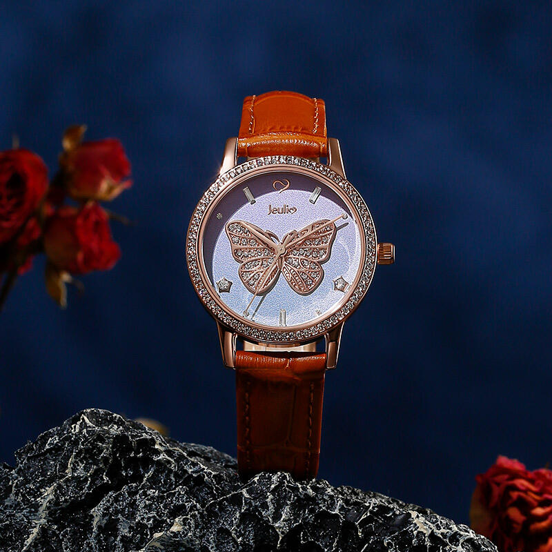 Jeulia "Dreamy Rainbow" Butterfly Design Quartz Brown Leather Watch with Ombre Dial