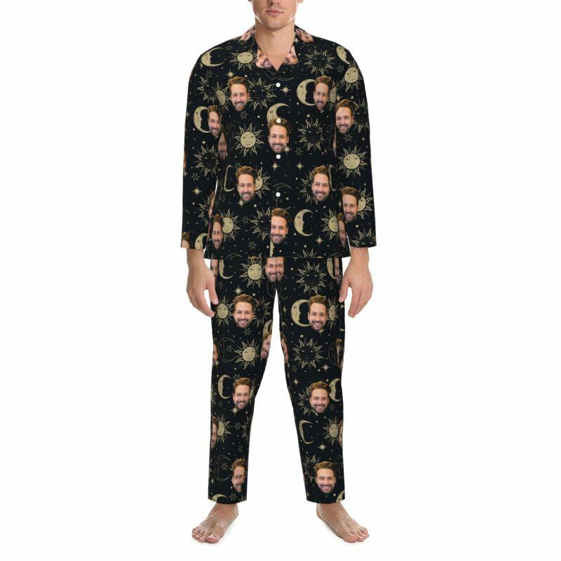 Gepersonaliseerde pyjama op maat met foto Artistiek zon maan patroon ontwerp prachtig cadeau voor hem familie