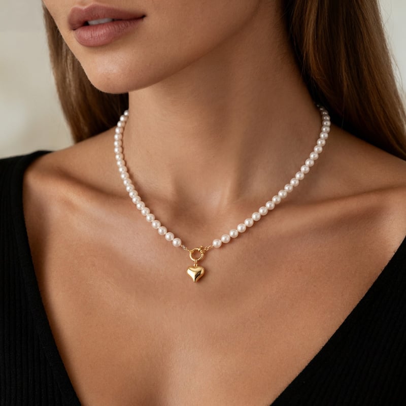 Gold Heart Pendant Pearl Necklace