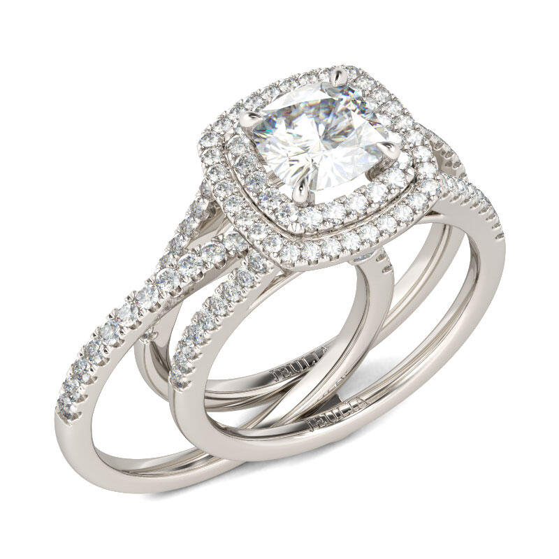 Jeulia dubbele Halo kussen gesneden sterling zilveren ringset