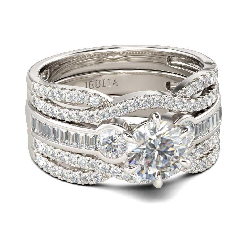 Jeulia Classic Three Stone Round Cut Sterling Silver Ring Set