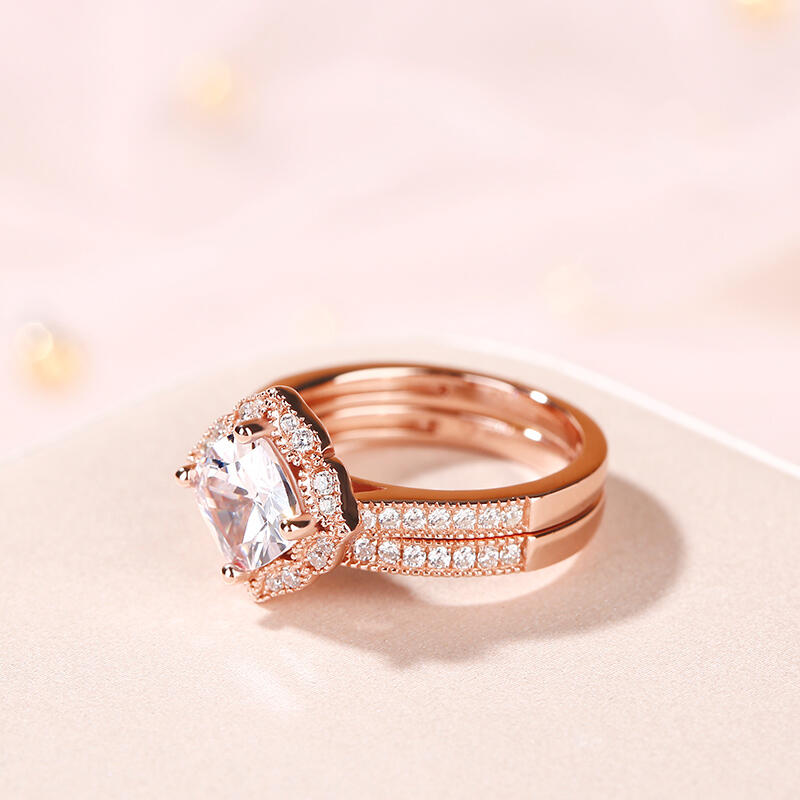 Jeulia Conjunto De Anillos De Plata De Ley Con Corte De Cojín Milgrain Vintage