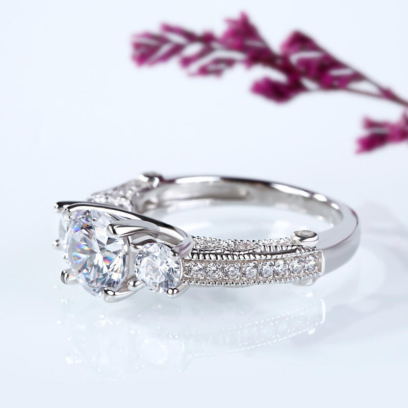 Jeulia Milgrain Three Stone Round Cut Sterling Silver Ring